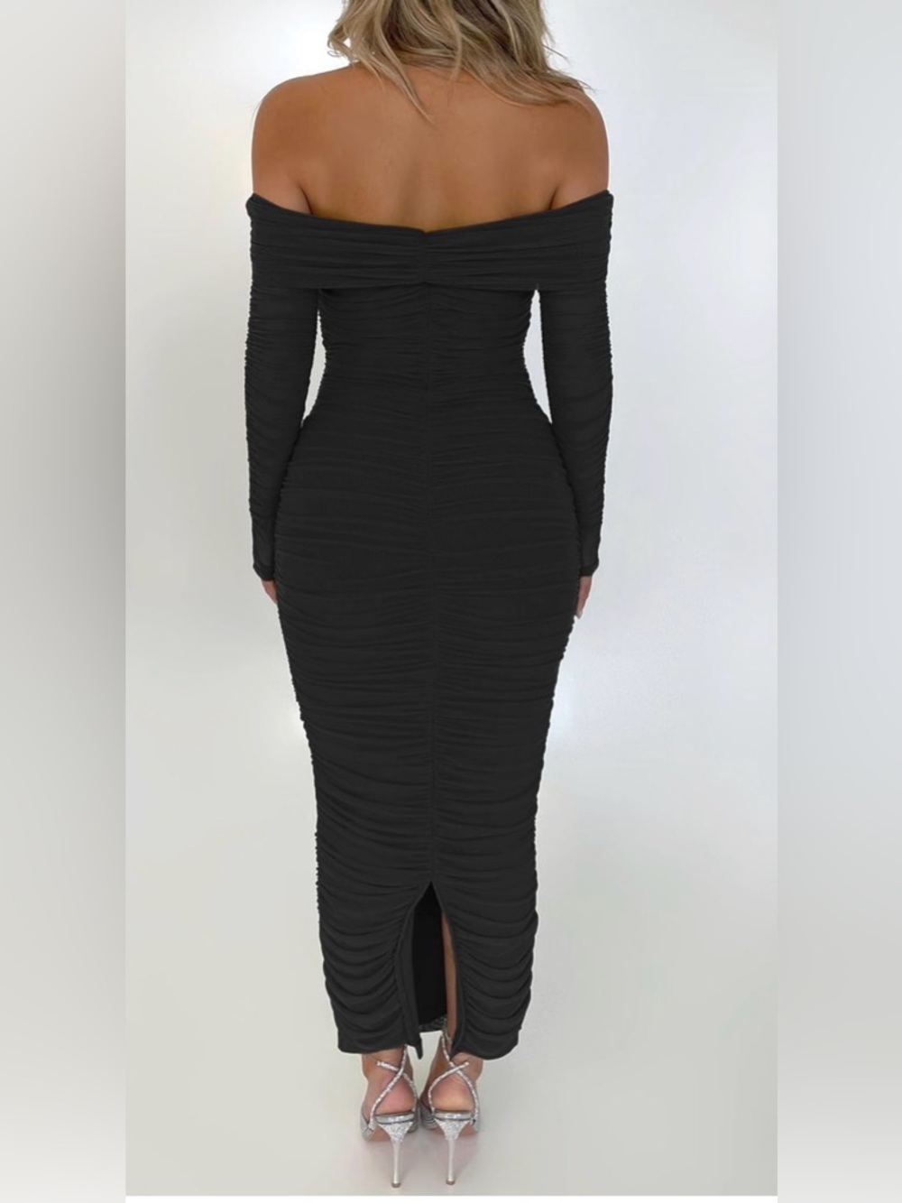 Off-Shoulder Long Sleeve Ruched Black Midi Dress
